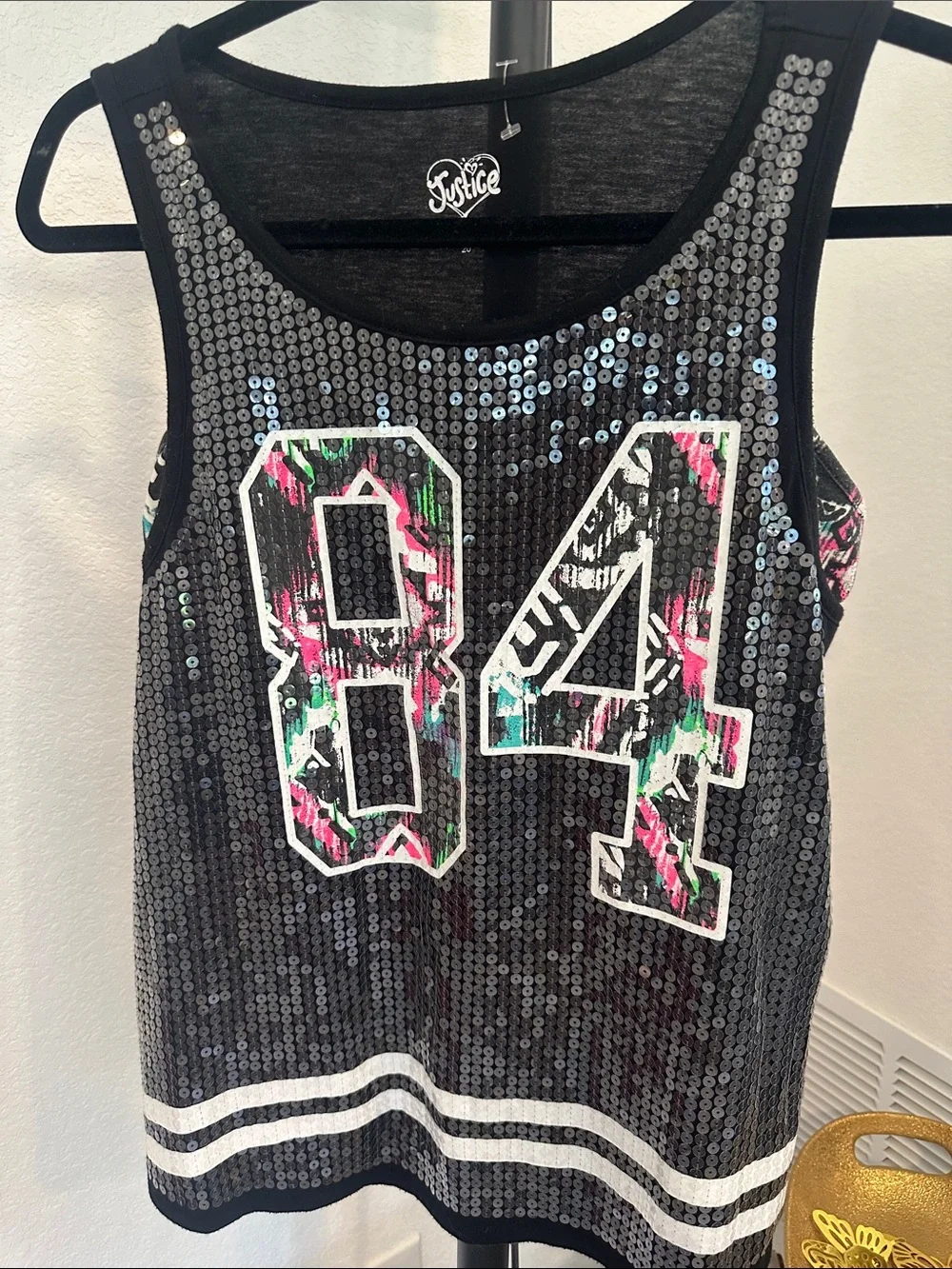 Justice Black Sequin Tank Top with Pink & Teal 84 Graphic